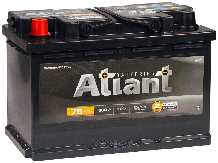 ATLANT AB751 Батарея аккумуляторная ATLANT Black 12В 75 А/ч 660А прямая (+/-) поляр. стандартные (Европа) клеммы