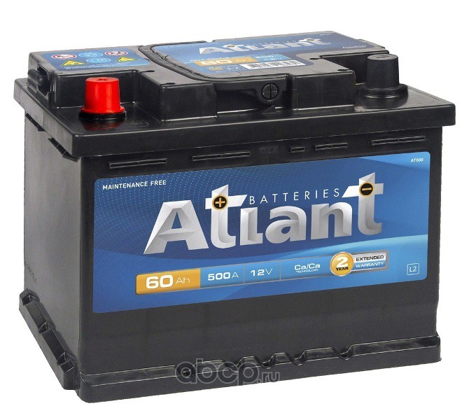 ATLANT AT600 Батарея аккумуляторная ATLANT Blue 12В 60 А/ч 500А обратная (-/+) поляр. стандартные (Европа) клеммы