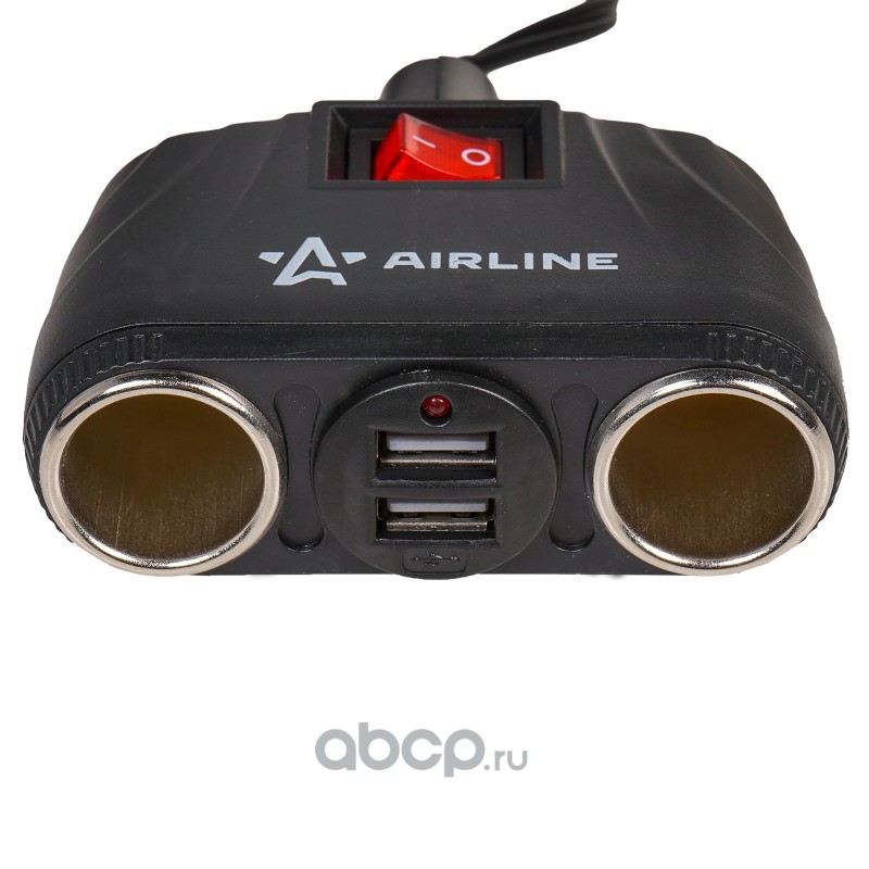 AIRLINE ASP2U11 Прикуриватель-разветвитель 2 гнезда + 2USB с витым шнуром, штекер-фиксатор (ASP-2U-11)