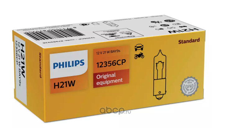 Philips 12356CP Лампа 12V H21W 21W BAY9s 1 шт. картон