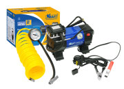 Kraft KT800029 Автомобильный компрессор Power Life EXTRA с манометром и светодиодным фонарем, 50 л/мин, 10 Атм, 12 В, съемный шланг 5 м, 5 дополнительных насадок, в сумке