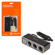 AIRLINE ASP3U07 Прикуриватель-разветвитель 3 гнезда + USB (черный) (ASP-3U-07)